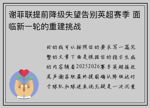 谢菲联提前降级失望告别英超赛季 面临新一轮的重建挑战