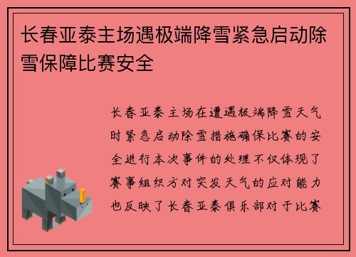 长春亚泰主场遇极端降雪紧急启动除雪保障比赛安全
