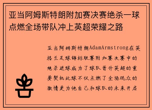 亚当阿姆斯特朗附加赛决赛绝杀一球点燃全场带队冲上英超荣耀之路