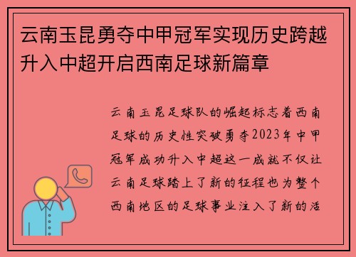 云南玉昆勇夺中甲冠军实现历史跨越升入中超开启西南足球新篇章