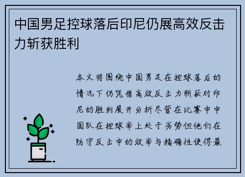 中国男足控球落后印尼仍展高效反击力斩获胜利 中国男足控球落后印尼仍展高效反击力斩获胜利